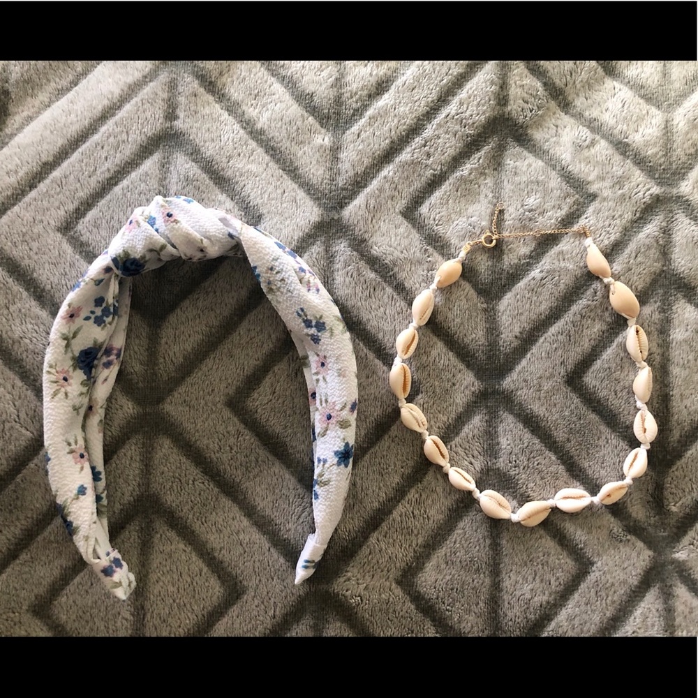 AE puka shell necklace and floral headband
